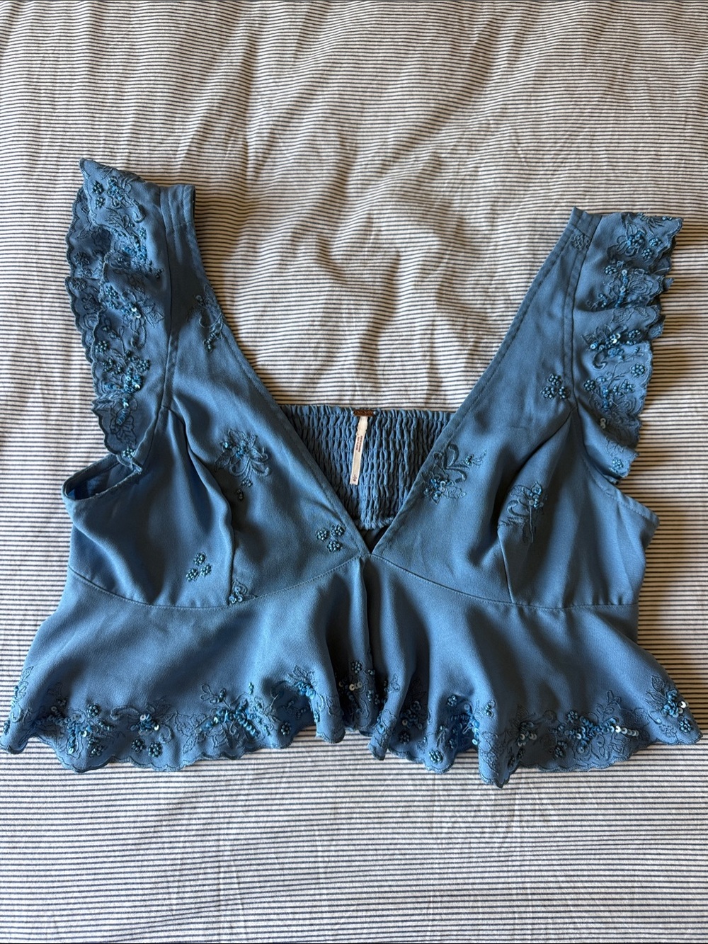 Free People Dusty Blue Embroidered V-Neck Peplum Crop Top
